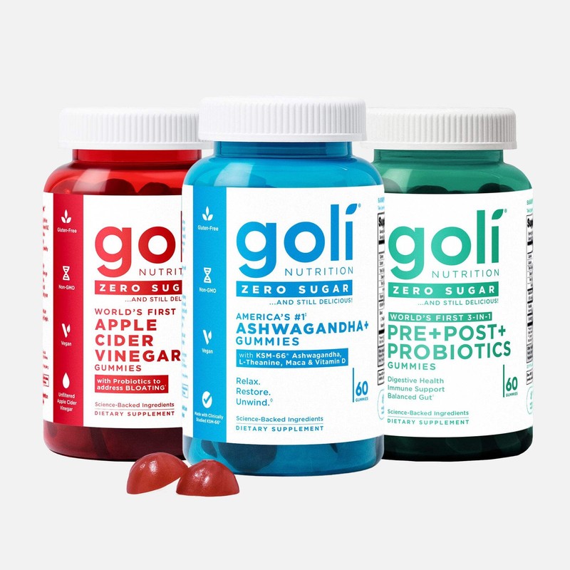 Goli Zero Sugar Trio Gummies – ACV Ashwagandha Probiotic 3 Bottle Set