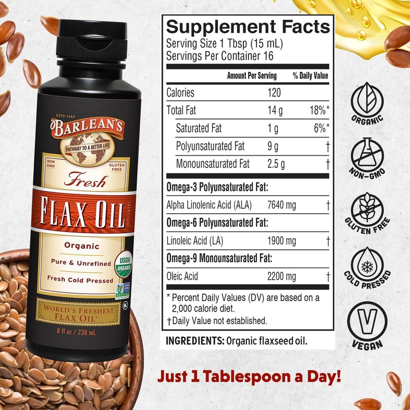 Flaxseed Oil Liquid 7,640mg ALA Omega 3 8 oz Cold Pressed Vegan Gluten Free gallery