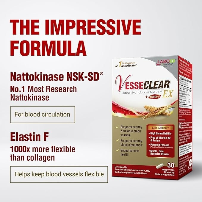 LABO Nutrition VesseCLEAR EX: Nattokinase NSK-SD+Elastin 30 Count (Pack of 3) gallery