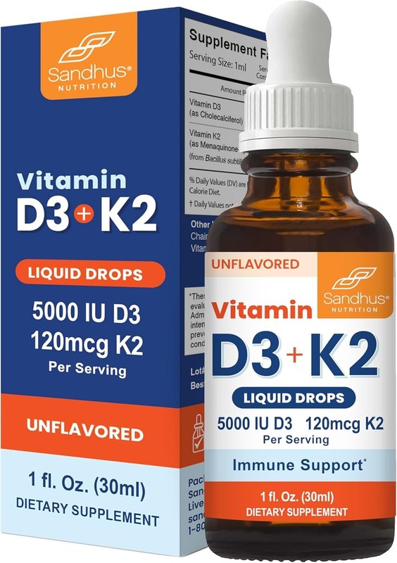 Sandhus Vitamin D3 K2 Drops for Adults | 5000 IU D3 Liquid, 120mcg K2 Supplem…