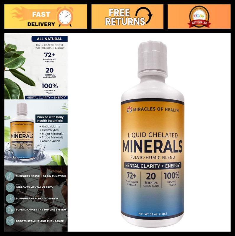 Organic Liquid Chelated Minerals – 72+ Plant-Based Minerals & 20 Amino Acids – 3