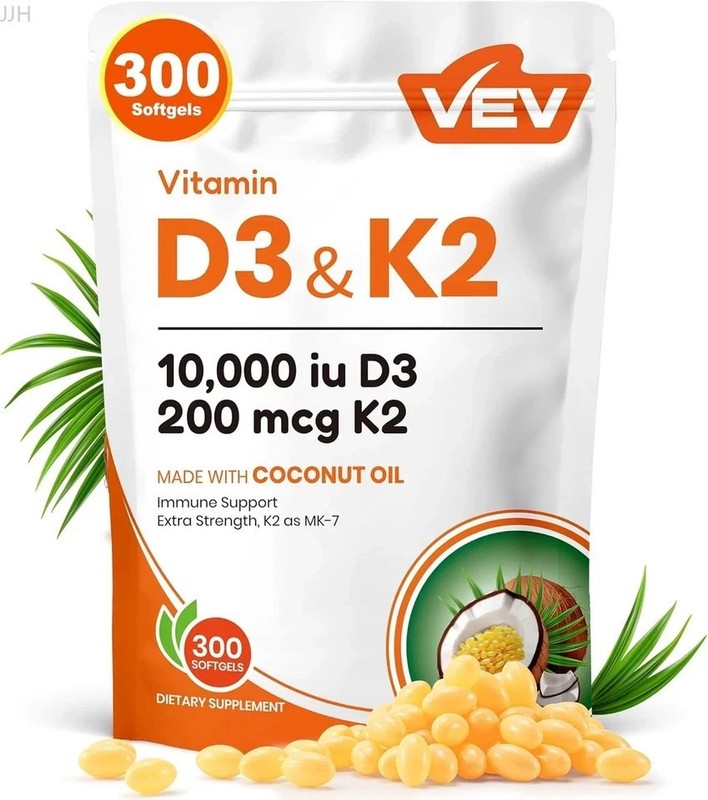 2 in 1 Vitamin D3 10000 IU with K2 300 Softgels Virgin Coconut Oil Daily