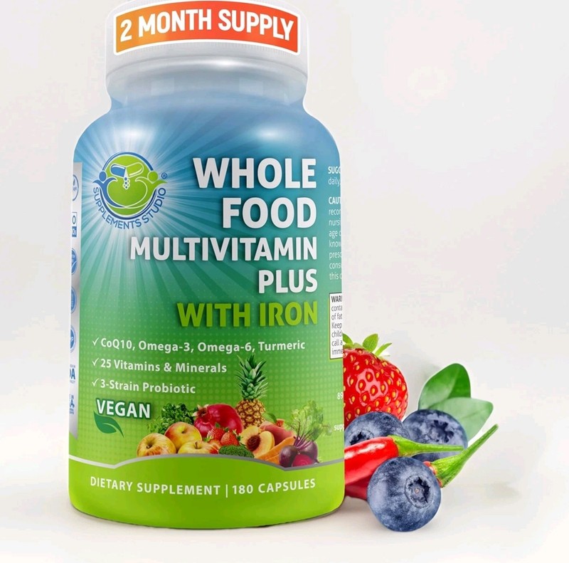 Vegan Whole Food Multivitamin w/ Iron, Probiotics, Enzymes, CoQ10, 180 Caps